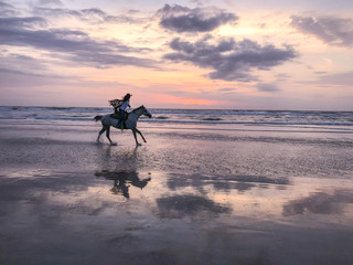 silhouette of woman on horse at sunset