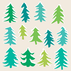 Set of tree isolated on beige background. Spruce forest icon. 