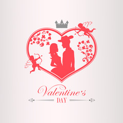 Illustration with silhouette of heart, couple in love and cupid with bow,