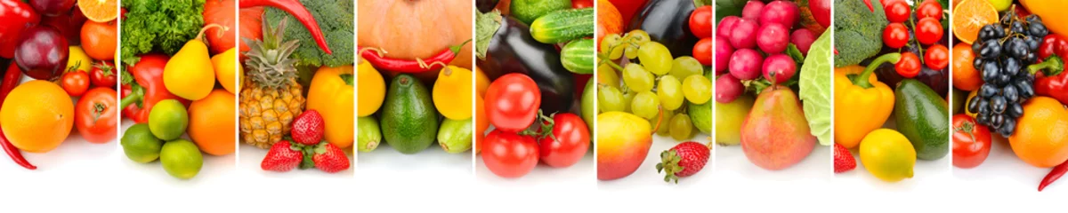 Papier Peint photo Fruits Collection fresh fruits and vegetables isolated on white background. Panoramic collage. Wide photo