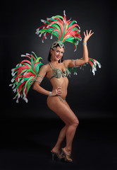 Attractive female cabaret dancer in sexy costume with red and green feathers.