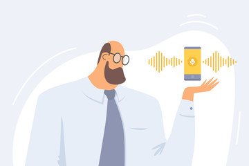 Concept of voice recognition. Person gives voice signal to smartphone. Intellectual technology sound symbol. Phone with voice assistance. Vector flat illustration.