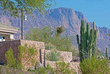 Part of a home and yard with stone wall