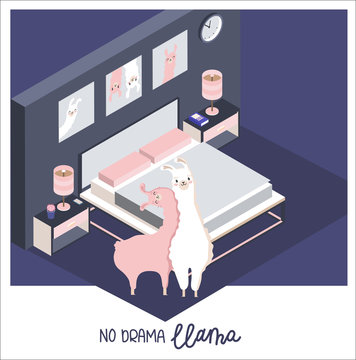 Modern bedroom design in isometric style vector illustration shopping interior of family double wooden bed with mattress, two pink pillows, night tables with lamps near bed, llama and background.