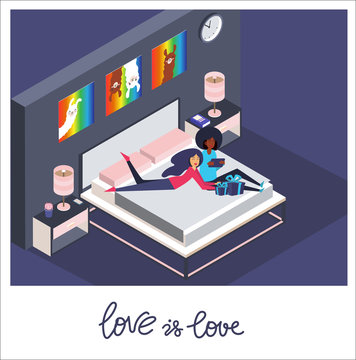 Modern bedroom design in isometric style vector illustration shopping interior of family double wooden bed with mattress, two pink pillows, night tables with lamps near bed, gitls and background.