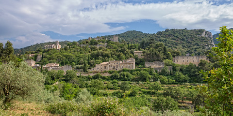 Panoramic view of the hilltop village Oppede-le-Vieux, Provence, Luberon, Vaucluse, France