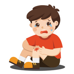 A Boy holding painful wounded leg knee scratch with blood drips. Child broken knee. Bleeding knee injury pain. Kid crying with scraped knee. vector illustration.