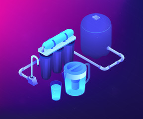 Purification filters cleansing liquid by lowering contamination. Water filtering system, home water treatment, water delivery service concept. Ultraviolet neon vector isometric 3D illustration.