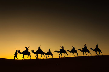 Sillhouette of camel caravan with happy peopple going through the desert at sunset with red sky in...