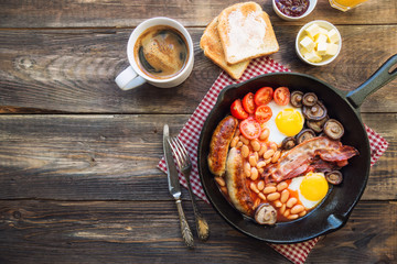 English breakfast in iron skillet