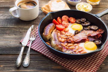 English breakfast in iron skillet