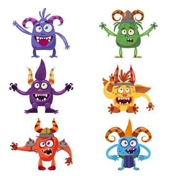 Set of cute funny characters troll, bigfoot, goblin, devil, yeti, imp, with different emotions, cartoon style, for books, advertising, stickers, vector, illustration, banner, isolated