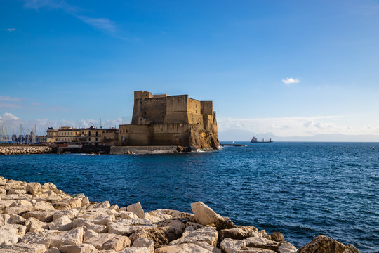 View of the coast in Naples with it's famous Castel dell'Ovo, or Egg Castle, Italy