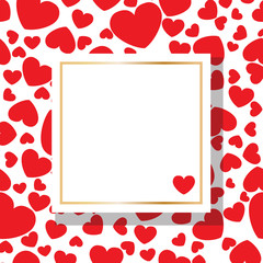postcards Valentine's Day square background with red hearts and space for text in the middle