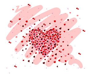 Heart shape vector pink confetti splash on pink draw background