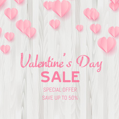 Valentine's Day sale card with paper cut hearts. Vector.