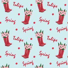 Seamless repeat pattern - red rubber boots with tulips and text "spring" / "tulips" on a light blue background.