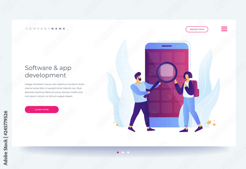 Wall mural landing page template. concept of software development and applications. young men are standing in f