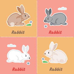 Cartoon set funny farm rabbits. Happy farming pet stickers collection with bunny.