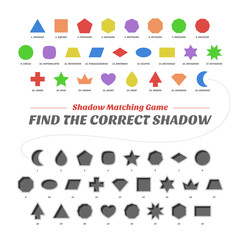 Shadow matcing game. Find the correct shapes. Worksheets for kids. Vector basic geometric silhouette. Education flat color figures school collection. Triangle, square, circle, star, heart, polygon.