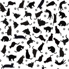 Seamless pattern with black cats silhouettes