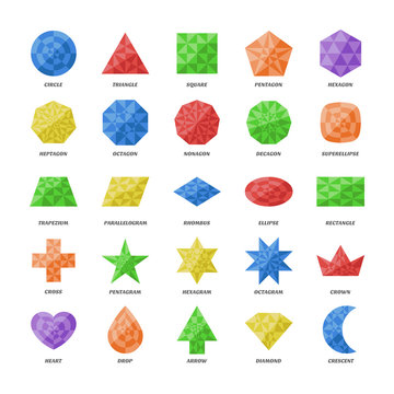 Vector set basic geometric diamond shapes. Education flat triangule figures school collection. Triangle, square, pentagon, octagon, trapezium, rhombus, ellipse, heart, star, polygon, moon, brilliant.