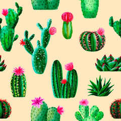 Pattern of watercolor exotic cactus, succulent, isolated illustration on white background. hand drawn watercolor elements, botanical collection. Design for textile, fabric, print, wrapping, paper.