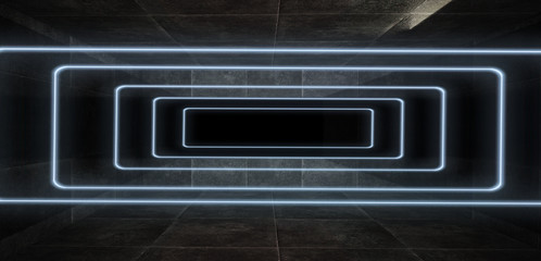 Obraz premium The background is an empty tunnel, the room is lit by neon light. Concrete covering, tile. Smoke. Laser square figure in the center of the room. 3D rendering