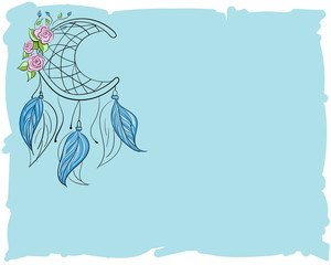 Colorful hand drawn dreamcatchers and roses with leaves, vector blue background, can be used for fabric