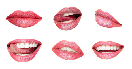 Set of mouths with beautiful make-up isolated on white. Shiny pink lipstick