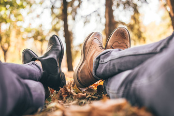 Brown and black shoes in the park