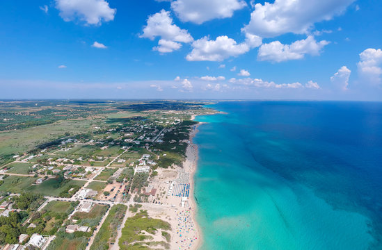 The beach in Punta Prisciutto, Puglia, Italy. Drone aerial photo