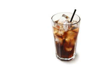 Glass of refreshing cola with ice on white background. Space for text
