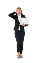 Emotional businesswoman in office wear with laptop celebrating victory on white background