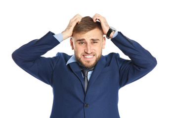 Young man scratching head on white background. Annoying itch