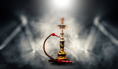 Background of smoking hookah,  neon light, smoke, smog