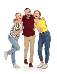 Obraz premium Full length portrait of young people laughing on white background