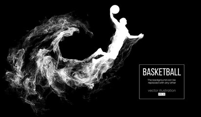 Abstract silhouette of a basketball player on dark black background from particles, dust, smoke, steam. Basketball player jumping and performs slam dunk. Background can be changed to any other. Vector © matrosovv