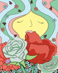 Girl with flowers. Bright colors. Red, green and blue colors. Beauty illustration.