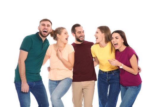 Portrait of young people laughing on white background