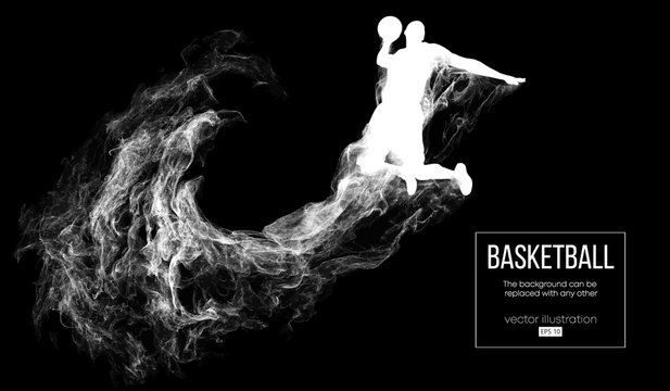 Abstract silhouette of a basketball player on dark black background from particles, dust, smoke, steam. Basketball player jumping and performs slam dunk. Background can be changed to any other. Vector