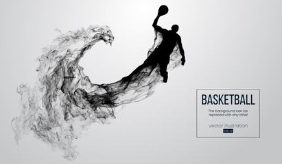 Abstract silhouette of a basketball player on white background from particles, dust, smoke, steam. Basketball player jumping and performs slam dunk. Background can be changed to any other. Vector