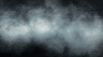 Background of empty dark room with brick walls, illuminated by neon  lights with laser beams, smoke