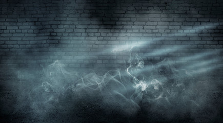 Background of empty dark room with brick walls, illuminated by neon  lights with laser beams, smoke