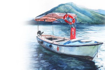 Fototapeta premium yacht on the sea. Coast. water. Lifebuoy. watercolor