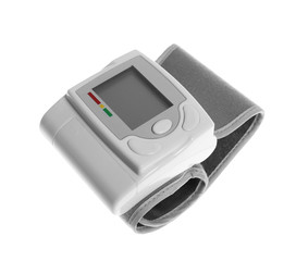 Digital blood pressure monitor on white background. Cardiology equipment