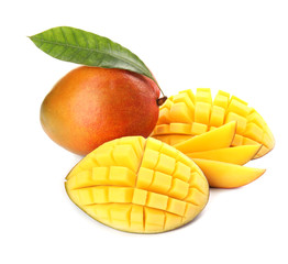Delicious ripe mangoes on white background. Tropical fruit