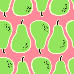 Hand drawn seamless pattern with pears in green, black and cream on pink background.