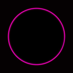 Vibrant pink neon glowing circle. Colorful round frame. Abstract bright ring. Shine vector stroke illustration for your design, banner, ad.