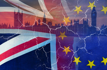 No Deal Brexit conceptual image of cracks over image of London with UK and EU flags in image